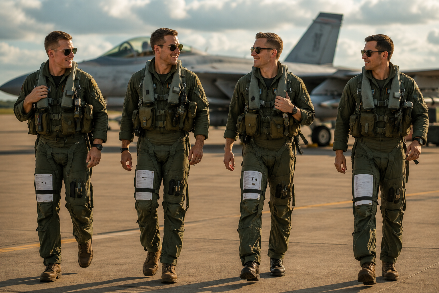 Four military fighter pilots walking on the flight line in front of a jet