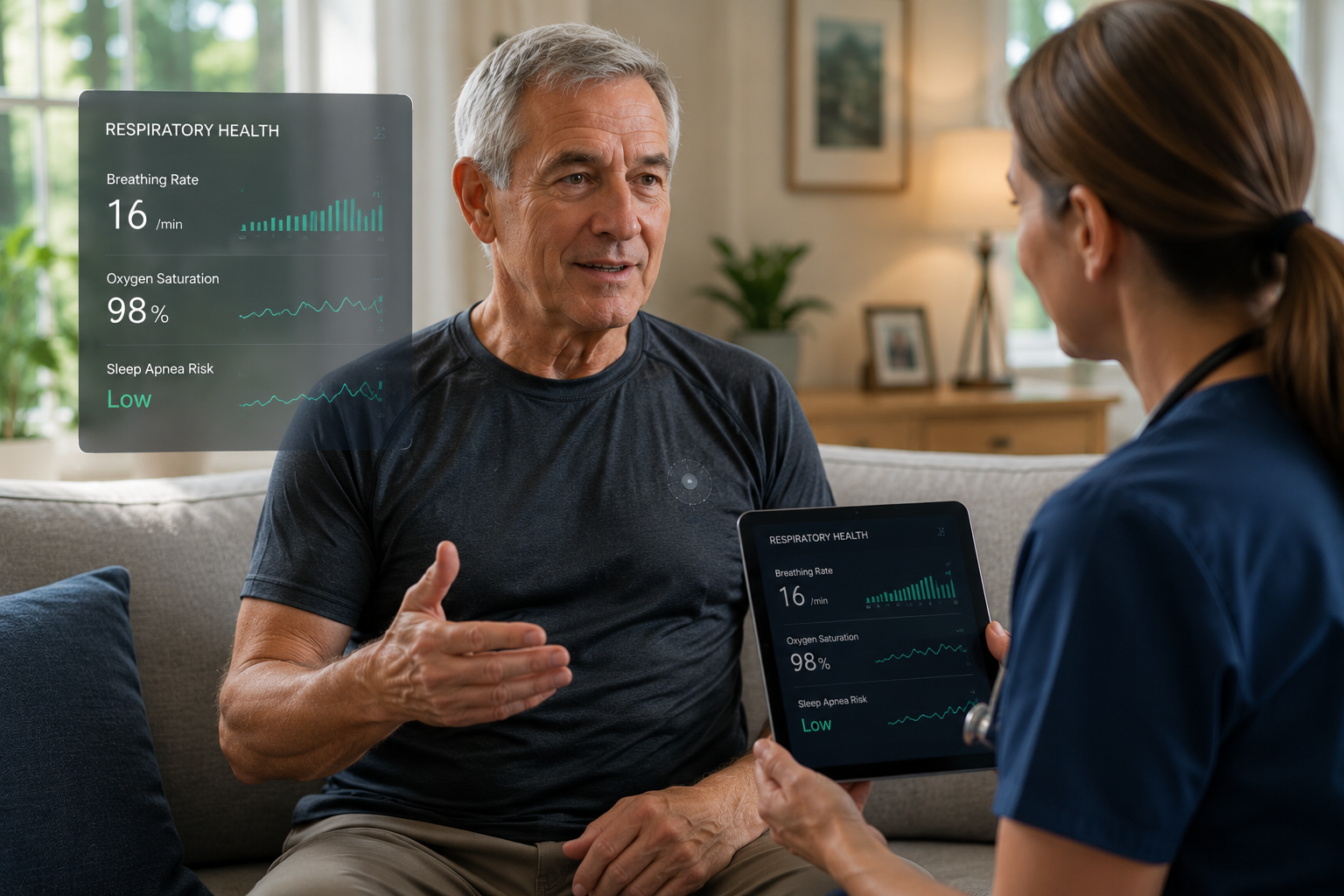Clinician reviewing respiratory health metrics with patient wearing eShirt