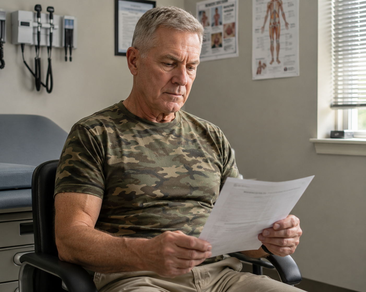 Veteran in camouflage shirt reviewing medical paperwork in a clinic exam room